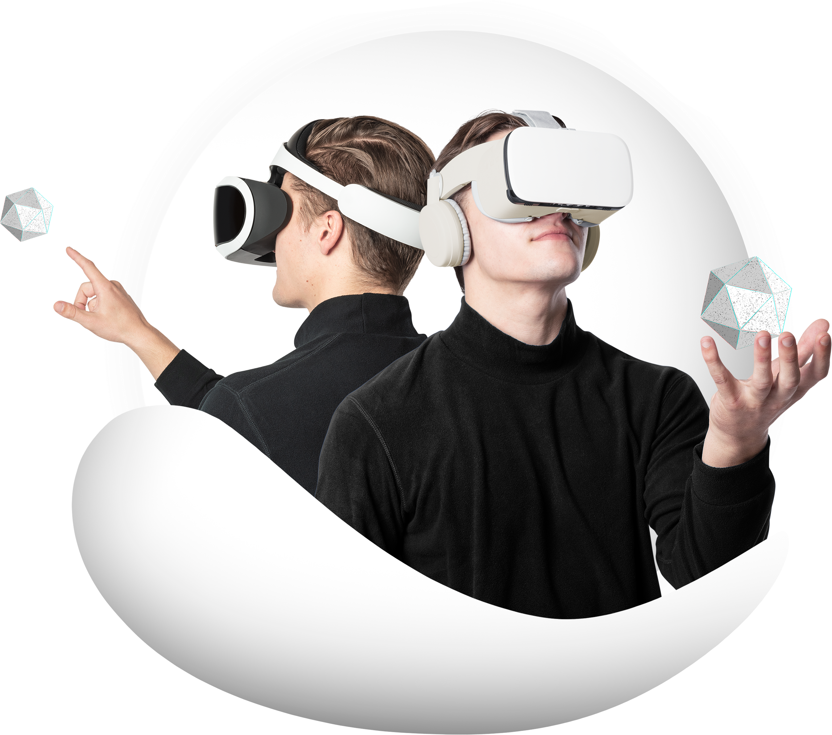 Two users exploring virtual reality with VR headsets for immersive interaction